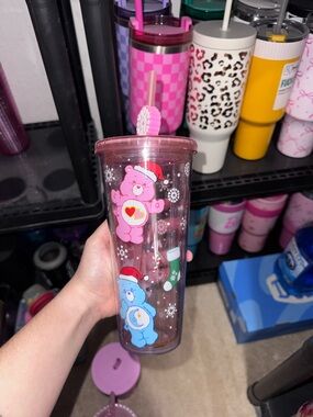 Pink Care Bear Holiday Acrylic Tumbler with Straw
